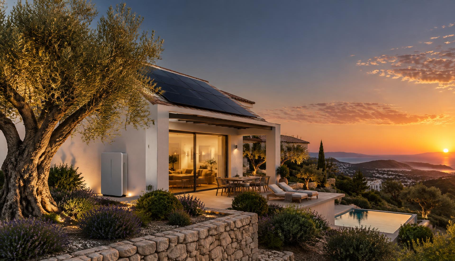Vivienda eficiente con energía solar al atardecer